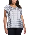 Ella Rafaella Plus Size Lace-up Flutter Short Sleeve Top In Mediterranean Blue