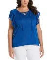 Ella Rafaella Plus Size Lace-up Flutter Short Sleeve Top In Princess Blue
