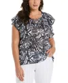Ella Rafaella Plus Size Lace-up Flutter Short Sleeve Top In White Multi