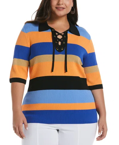 Ella Rafaella Plus Size Lace-up Short Sleeve Polo Sweater In Dazzling Blue