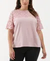 Ella Rafaella Plus Size Lace Yoke Knit Short Sleeve Top In Zephyr