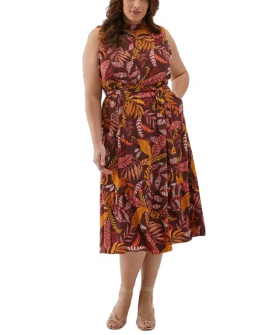 Ella Rafaella Plus Size Leaf Print Belted Sleeveless Dress