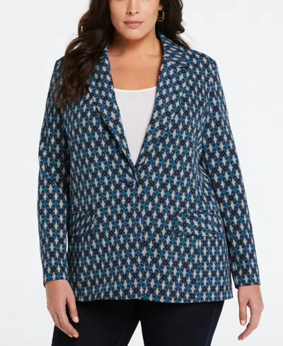 Ella Rafaella Plus Size Lined Medallion Print Single Breasted Blazer In Malibu Blue