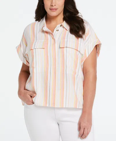 Ella Rafaella Plus Size Linen Blend Flap Pocket Popover Shirt In Peach Multi