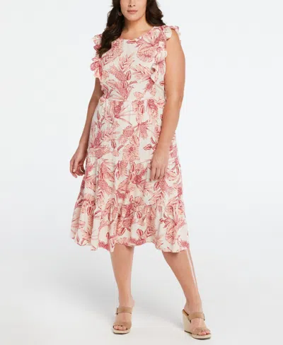 Ella Rafaella Plus Size Linen Blend Flutter Sleeve Midi Tiered Dress In Peach Blush