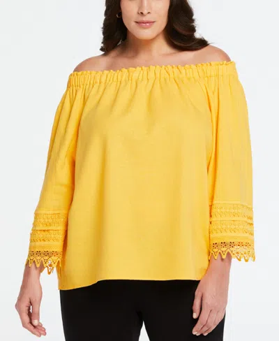 Ella Rafaella Plus Size Linen Blend Peasant Top With Lace Sleeve In Amber Yellow