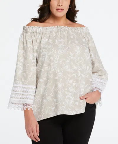 Ella Rafaella Plus Size Linen Blend Peasant Top With Lace Sleeve In Natural