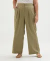 Ella Rafaella Plus Size Linen Blend Pleated Wide Leg Pants In Aloe