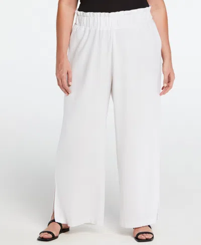 Ella Rafaella Plus Size Linen Blend Pull On Wide Leg Pant With Side Slit In White