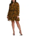 Ella Rafaella Plus Size Metallic Leaves Print Long Sleeve Dress In Black