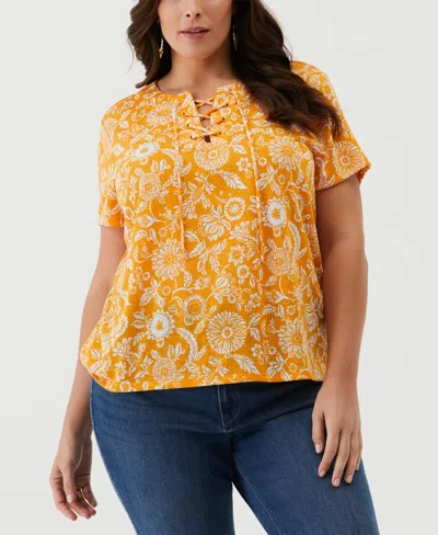 Ella Rafaella Plus Size Paisley Print Lace-up Short Sleeve Tee Shirt In Cadmium Yellow