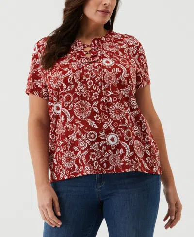 Ella Rafaella Plus Size Paisley Print Lace-up Short Sleeve Tee Shirt In Red Ochre