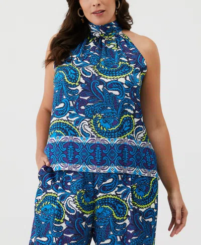 Ella Rafaella Plus Size Paisley Print Sleeveless Halter Top In Malibu Blue