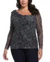 Ella Rafaella Women's Printed Asymmetrical Mesh Top In Black