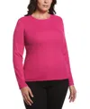 Ella Rafaella Plus Size Ribbed Crew Neck Long Sleeve Top In Cosmo Pink