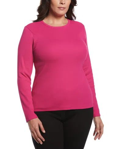 Ella Rafaella Plus Size Ribbed Crew Neck Long Sleeve Top In Cosmo Pink