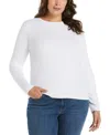 Ella Rafaella Plus Size Ribbed Crew Neck Long Sleeve Top In White