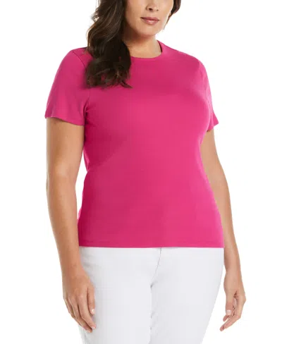 Ella Rafaella Plus Size Ribbed Crew Neck Short Sleeve Top In Cosmo Pink