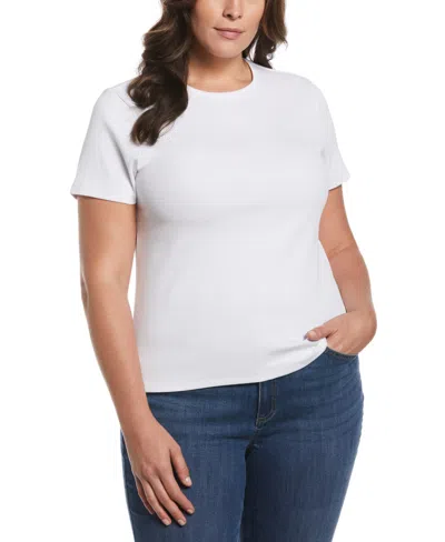 Ella Rafaella Plus Size Ribbed Crew Neck Short Sleeve Top In White