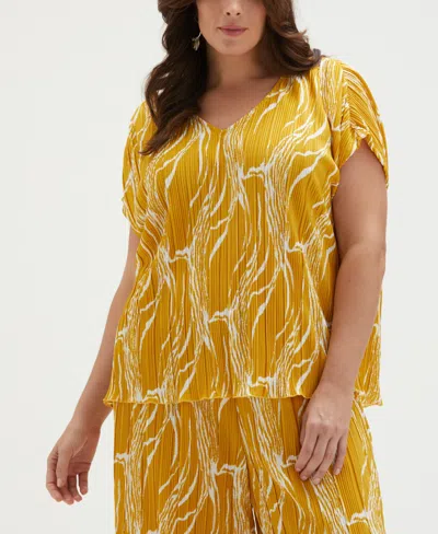 Ella Rafaella Plus Size Ripple Print V-neck Plisse Short Sleeve Top In Gold