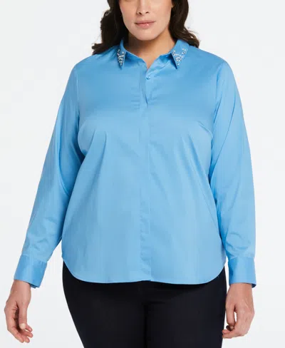 Ella Rafaella Plus Size Ruched Sleeve Embellished Collar Blouse In Azure Blue