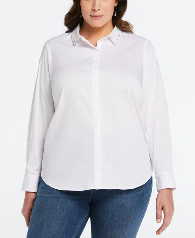 Ella Rafaella Plus Size Ruched Sleeve Embellished Collar Blouse In White