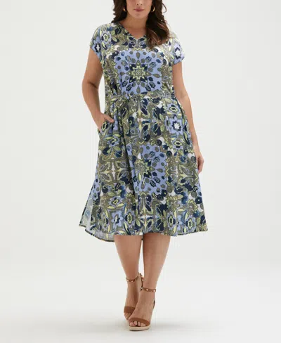 Ella Rafaella Plus Size Scarf Print Self Tie Short Sleeve Dress In Hydrangea
