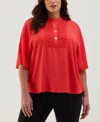 Ella Rafaella Plus Size Smocked Banded Collar Short Sleeve Top In Red