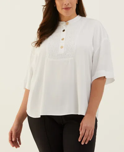 Ella Rafaella Plus Size Smocked Banded Collar Short Sleeve Top In White