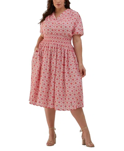 Ella Rafaella Plus Size Smocked Puff Short Sleeve Dress In Red