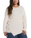 Ella Rafaella Plus Size Snap Trim Stripe Asymmetrical Sweater In Pink