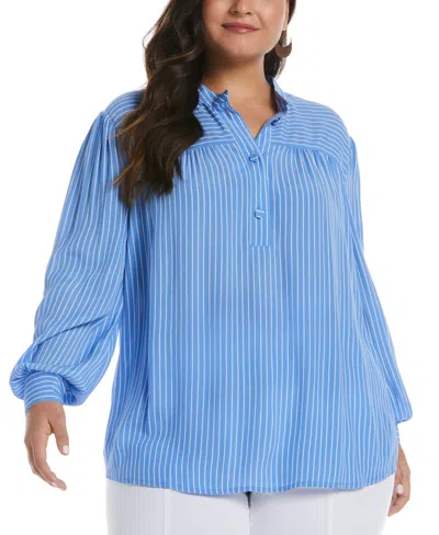 Ella Rafaella Plus Size Stripe Long Sleeve Popover Blouse In Cornflower Blue