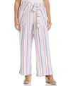Ella Rafaella Plus Size Stripe Wide Leg Linen Blend Paper Bag Pants In White