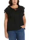 ELLA RAFAELLA PLUS WOMENS LACE UP FLUTTER SLEEVES BLOUSE