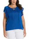 ELLA RAFAELLA PLUS WOMENS LACE UP FLUTTER SLEEVES BLOUSE