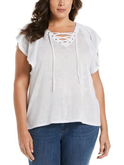 Ella Rafaella Plus Size Lace-up Flutter Short Sleeve Top In White