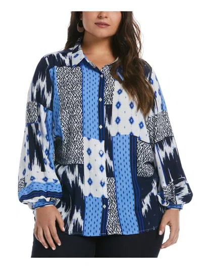 Ella Rafaella Plus Womens Printed Viscose Button-down Top In Blue