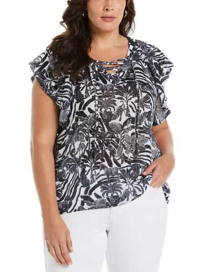 Ella Rafaella Plus Size Lace-up Flutter Short Sleeve Top In White Multi