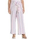 Ella Rafaella Plus Size Stripe Wide Leg Linen Blend Paper Bag Pants In White
