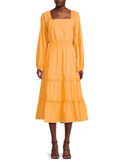 Ella Rafaella Women's Checked Squareneck Midi Dress In Amber Yellow