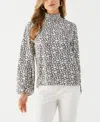 Ella Rafaella Women's Geo Print Smocked Neck Long Sleeve Top In White