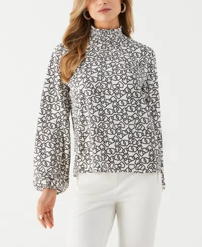 Ella Rafaella Women's Geo Print Smocked Neck Long Sleeve Top In White