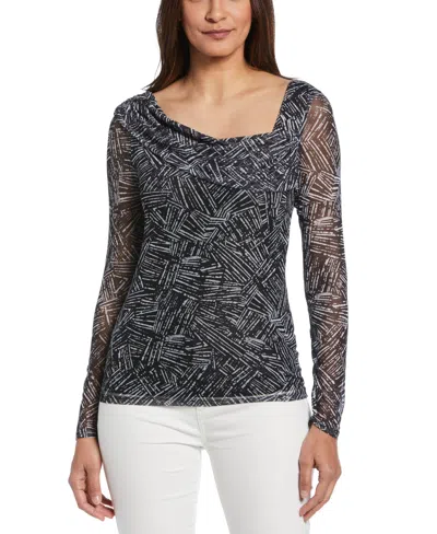 Ella Rafaella Plus Size Printed Asymmetrical Mesh Top In Black