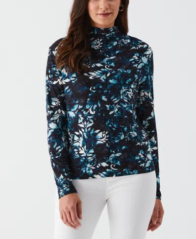 Ella Rafaella Women's Shadow Damask Print Ruched Mock Neck Long Sleeve Top In Blue
