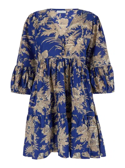 Ellblue Blue Short Dress With Volants In Cotton Woman