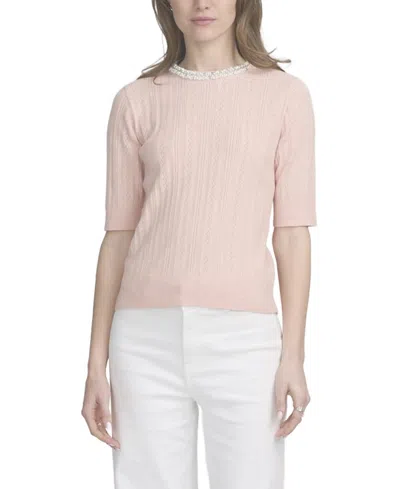 Elle Collection Fine Gauge Embellished Neck Top In Pink