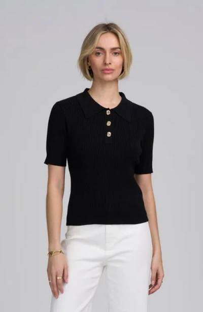 Elle Collection Fine Gauge Ribbed Short Sleeve Henley In Black