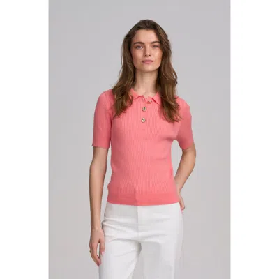Elle Collection Fine Gauge Ribbed Short Sleeve Henley In Pink