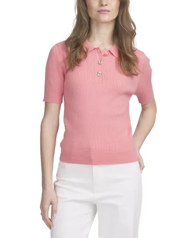 Elle Collection Fine Gauge Ribbed Short Sleeve Henley In Pink