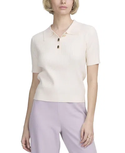 Elle Collection Fine Gauge Ribbed Short Sleeve Henley In White